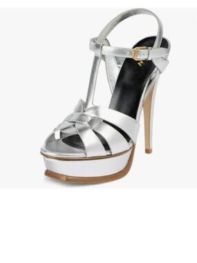 YDN Silver Strappy Platform Sandals Peep Toe Stiletto Heels T-strap Shoes